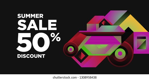 Summer Sale 50% Discount Banner with Colorful Abstract Geometric Background Pattern
