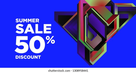 Summer Sale 50% Discount Banner with Colorful Abstract Geometric Background Pattern
