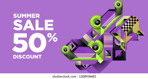 Summer Sale 50% Discount Banner with Colorful Abstract Geometric Background Pattern
