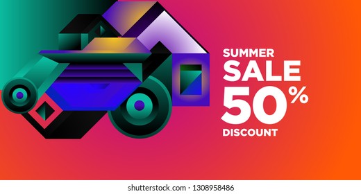 Summer Sale 50% Discount Banner with Colorful Abstract Geometric Background Pattern
