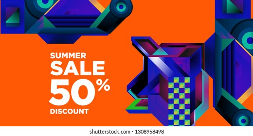 Summer Sale 50% Discount Banner with Colorful Abstract Geometric Background Pattern
