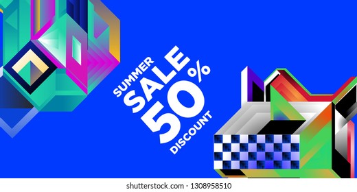 Summer Sale 50% Discount Banner with Colorful Abstract Geometric Background Pattern
