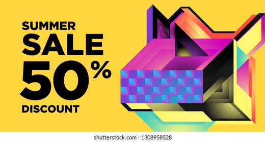 Summer Sale 50% Discount Banner with Colorful Abstract Geometric Background Pattern
