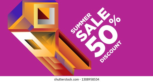 Summer Sale 50% Discount Banner with Colorful Abstract Geometric Background Pattern
