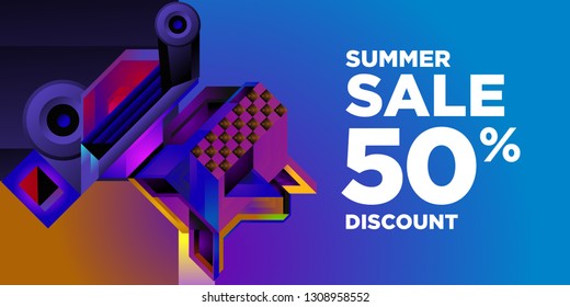 Summer Sale 50% Discount Banner with Colorful Abstract Geometric Background Pattern
