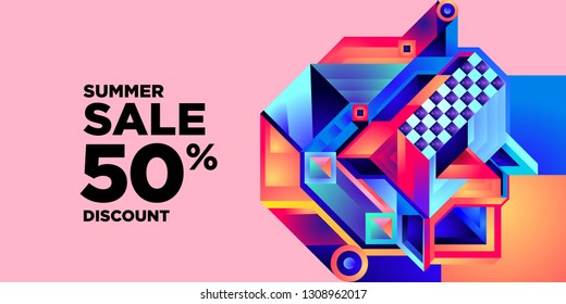 Summer Sale 50% Discount Banner with Colorful Abstract Geometric Background Pattern
