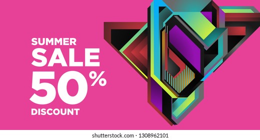 Summer Sale 50% Discount Banner with Colorful Abstract Geometric Background Pattern
