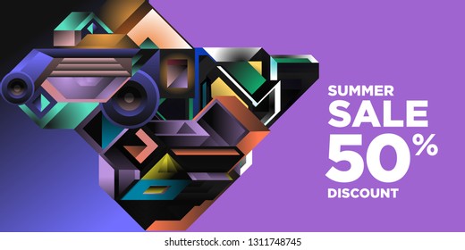 Summer Sale 50% Discount Banner with Colorful Abstract Geometric Background Pattern