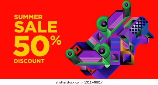 Summer Sale 50% Discount Banner with Colorful Abstract Geometric Background Pattern