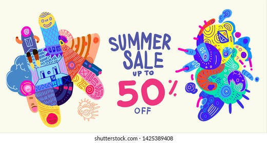 Summer Sale 50% discount Colorful Banner Doodle illustration 
