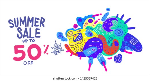 Summer Sale 50% discount Colorful Banner Doodle illustration 
