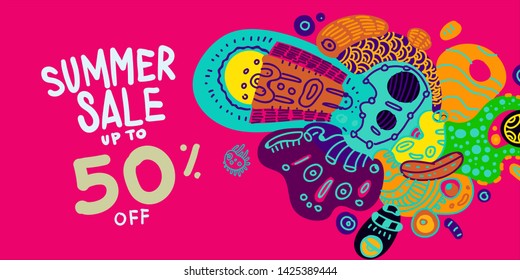 Summer Sale 50% discount Colorful Banner Doodle illustration 
