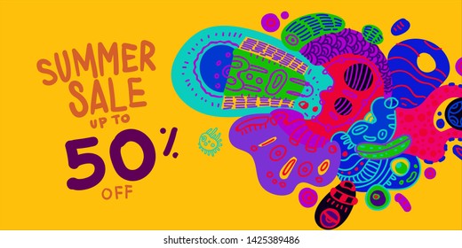 Summer Sale 50% discount Colorful Banner Doodle illustration 
