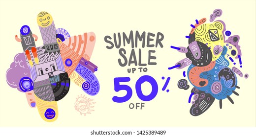 Summer Sale 50% discount Colorful Banner Doodle illustration 
