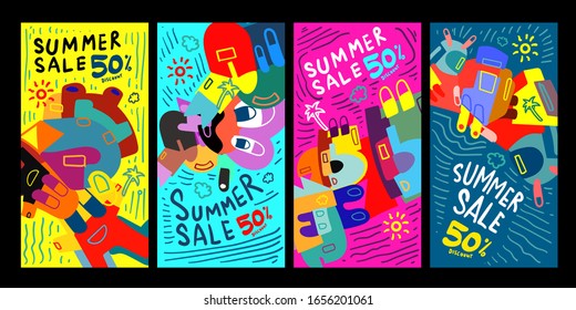 Summer Sale 50% discount Poster and Banner. Promotion flyer, discount voucher template special offer market brochure. Vector doodle illustration set for summer sales.
