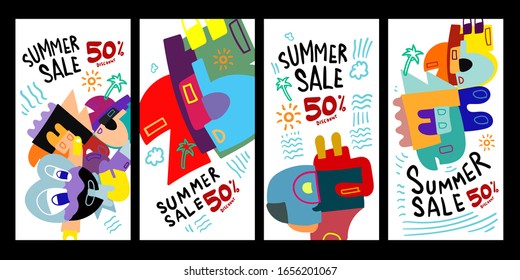 Summer Sale 50% discount Poster and Banner. Promotion flyer, discount voucher template special offer market brochure. Vector doodle illustration set for summer sales.
