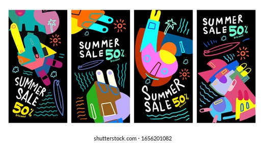 Summer Sale 50% discount Poster and Banner. Promotion flyer, discount voucher template special offer market brochure. Vector doodle illustration set for summer sales.
