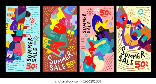 Summer Sale 50% discount Poster and Banner. Promotion flyer, discount voucher template special offer market brochure. Vector doodle illustration set for summer sales.
