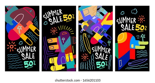 Summer Sale 50% discount Poster and Banner. Promotion flyer, discount voucher template special offer market brochure. Vector doodle illustration set for summer sales.
