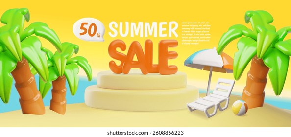 Summer sale 50 off 3D plastic style vector banner marketing design. Beach bed chair, umbrella and ball on tropic island with palm tree. Cartoon Black Friday, shopping sale, discount or special offer