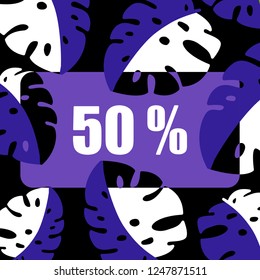 Summer sale up to 50 OFF banner with tropical palm leaves isolated on dark background. Discount template. Vector illustration EPS10 file.