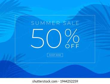 Summer sale 50% off banner template design. Swimming pool with palm leaves shadow top view background.