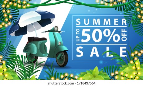 Summer sale, up to 50% off, blue discount web banner for your business with vintage moped, tropical jungle frame, large offer and frame of bright garland