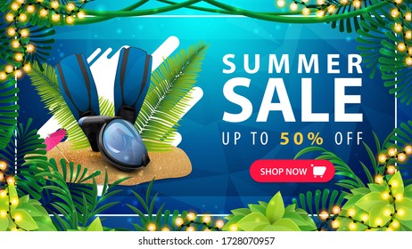 Summer sale, up to 50% off, blue discount web banner for your business with with fins and a diving mask, button, liquid shapes and tropical jungle frame with frame of bulb