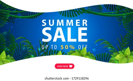 Summer sale, up to 50% off, blue and white discount web banner for your website with tropical jungle frame, large offer, button and smooth lines