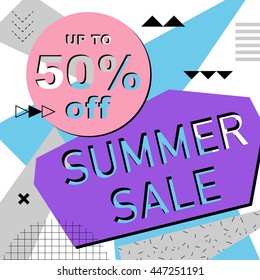 Summer sale up to 50% off colorful bright poster. Vector illustration. 80s - 90s Memphis style.