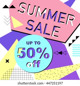 Summer sale up to 50% off colorful bright poster. Vector illustration. 80s - 90s Memphis style.