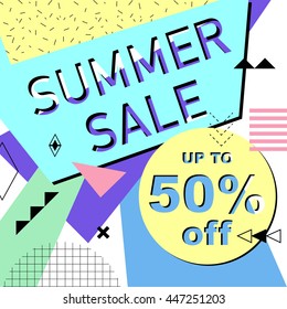 Summer sale up to 50% off colorful bright poster. Vector illustration. 80s - 90s Memphis style.