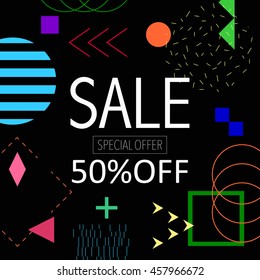 Summer sale up to 50% off colorful bright poster promo department store. Fashion product discount . Vector illustration. 80s - 90s Memphis style.