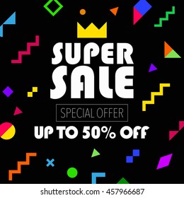 Summer sale up to 50% off colorful bright poster promo department store. Fashion product discount . Vector illustration. 80s - 90s Memphis style.