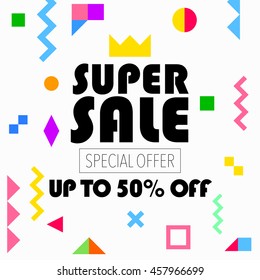 Summer sale up to 50% off colorful bright poster promo department store. Fashion product discount . Vector illustration. 80s - 90s Memphis style.