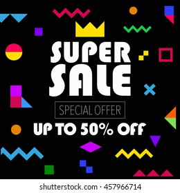 Summer sale up to 50% off colorful bright poster promo department store. Fashion product discount . Vector illustration. 80s - 90s Memphis style.