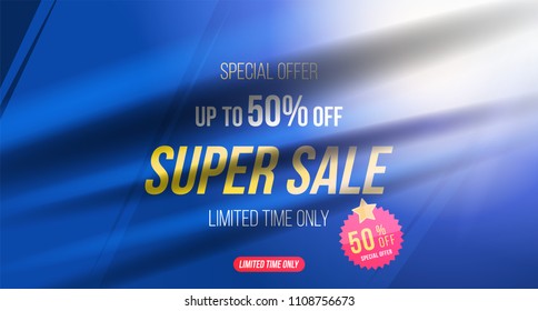 Summer sale 50 off discount. Horizontal Banner template for design advertising and poster with light effects. Flat vector illustration EPS 10.