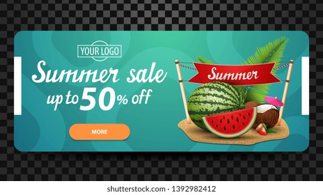 Summer sale, up to 50% off, discount web banner for your website withwatermelon, coconut cocktail in coconut, sign with the inscription "summer"