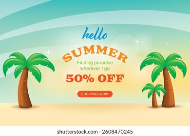 Summer sale with 50% off discount text for business flyers, ads and brochure lay out. Vector illustration summer banner promotion design.