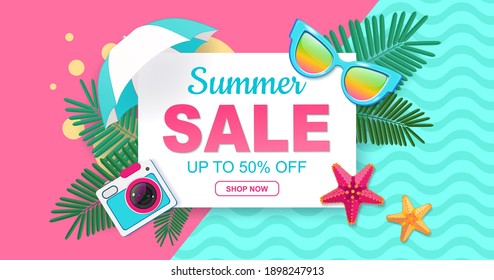 Summer sale, up to 50% off. Fresh bright banner for your website.