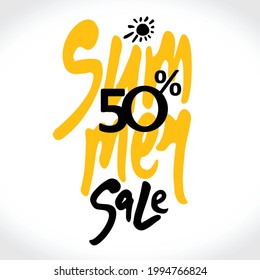 Summer Sale. 50% off. Hand drawn lettering and sun vector poster. 
