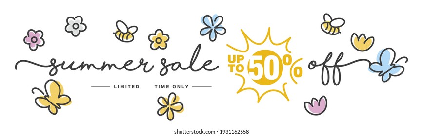 Summer Sale up to 50 % off handwritten typography lettering line design colorful bees flowers butterflies tulips isolated white background