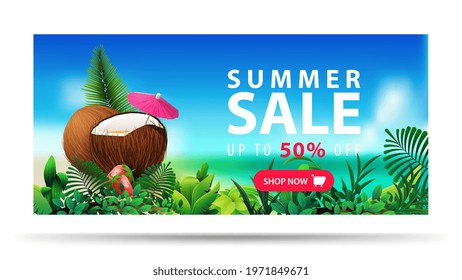 Summer sale, up to 50 off, horizontal discount banner with coconut cocktail, sea blurred landscape on background, tropical frame and offer with button