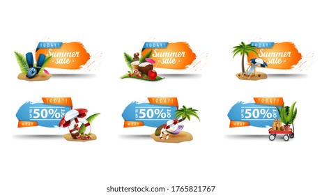 Summer sale, up to 50% off, large collection blue and orange clickable banners with ragged corners and summer 3D icons. Beautiful modern discount banner