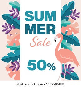 Summer sale, 50% off poster template. Flamingo bird, tropic palm and monstera leaves. Modern flat jungle design. Business promotion concept. Web banner, vector illustration background.