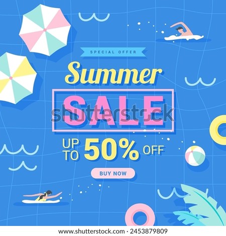 Summer sale 50% off promotion vector design. Swimming pool background