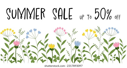 Summer Sale up to 50% off. Sales banner with flowers in pastel colors.