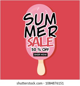 Summer Sale 50% Off Shop Now Strawberry Ice Cream Pink Background Vector Image
