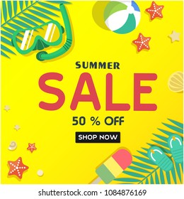 Summer Sale 50% Off Shop Now Ice Cream Starfish Beach Ball Snorkel Yellow Background Vector Image
