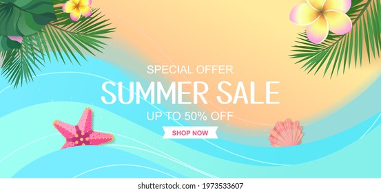 Summer sale, up to 50% off, shop now, fresh bright banner for your website.